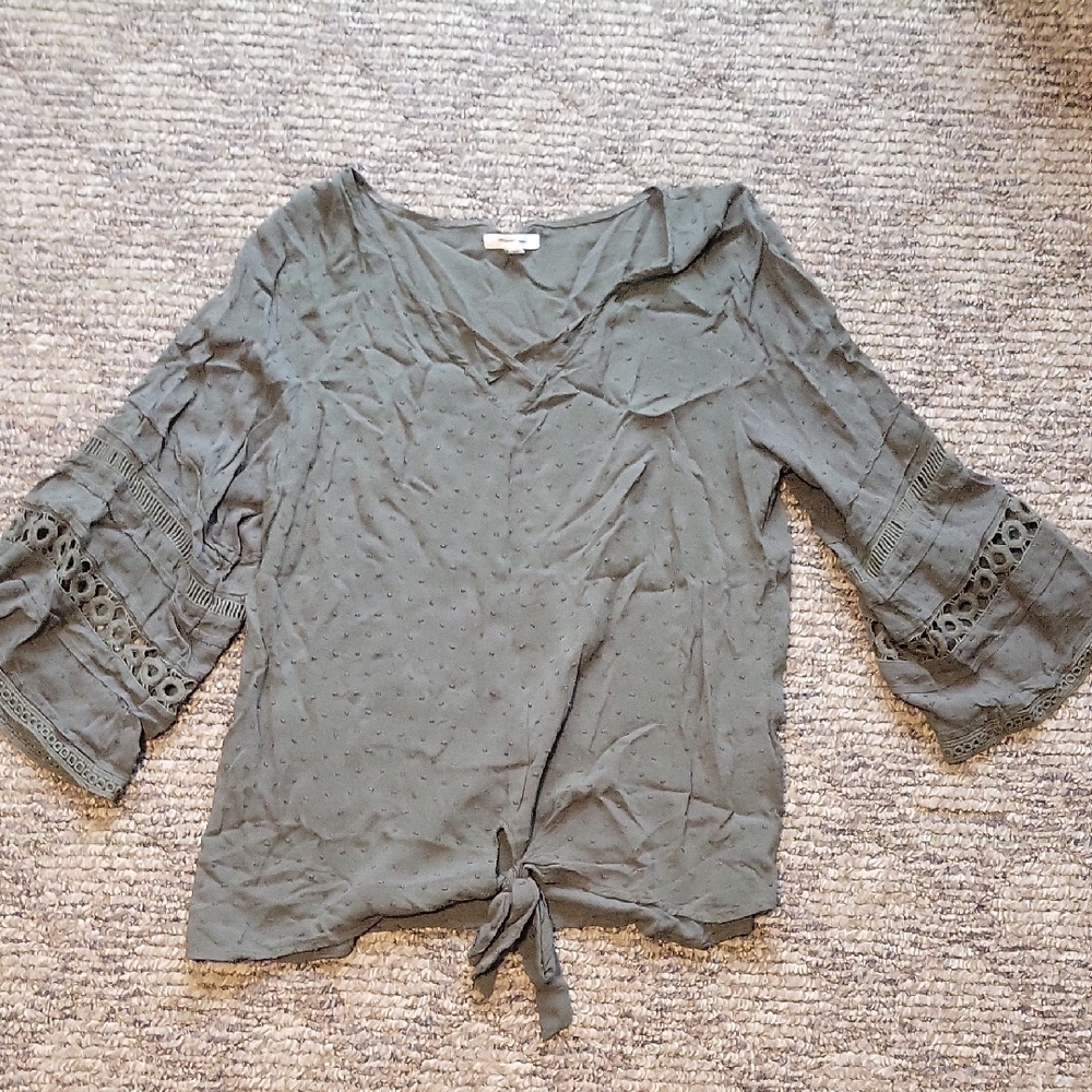 Olive Green Women's Top with Lace Sleeves